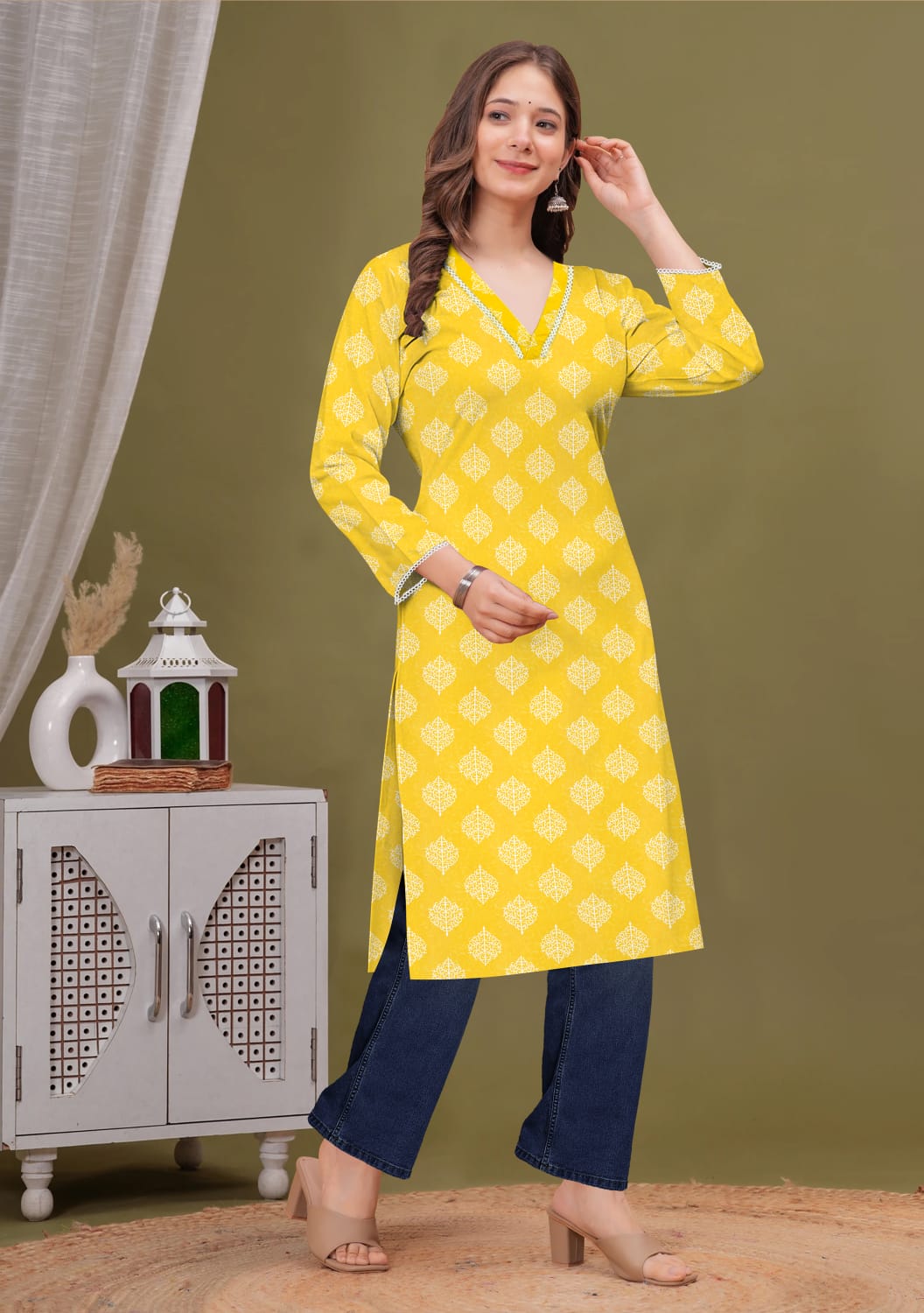 Bright Yellow Printed Cotton Kurti with V-Neck