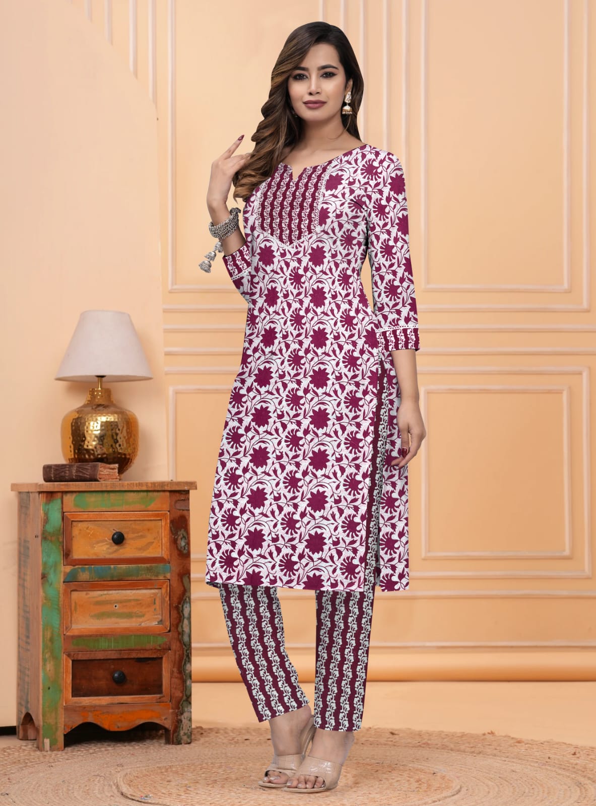 Elegant Maroon & White Printed Cotton Kurti Set with Pants – Casual & Office Wear