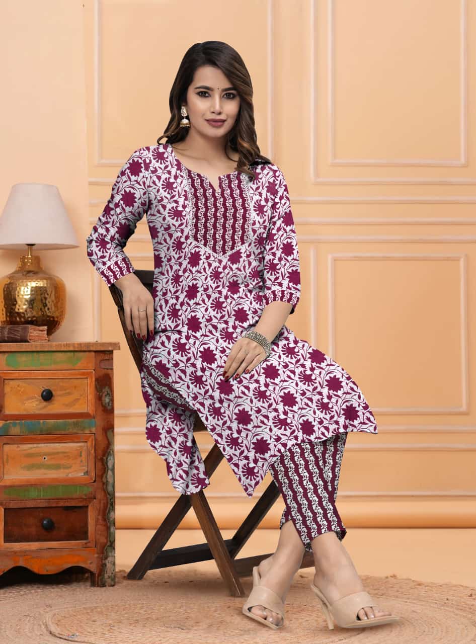 Elegant Maroon & White Printed Cotton Kurti Set with Pants – Casual & Office Wear