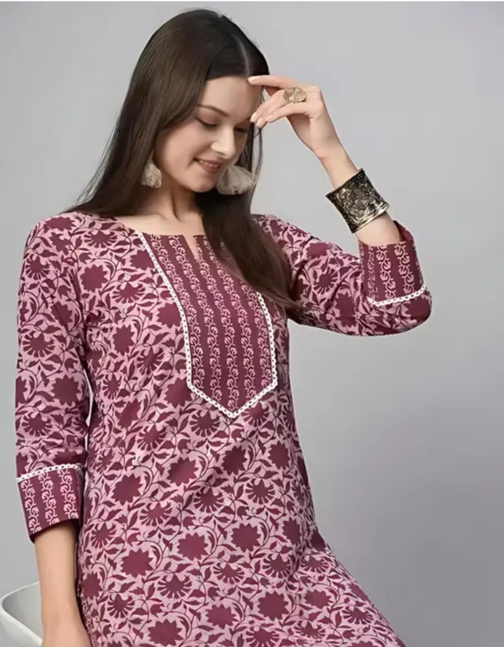 Elegant Maroon & White Printed Cotton Kurti Set with Pants – Casual & Office Wear