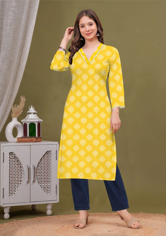 Bright Yellow Printed Cotton Kurti with V-Neck