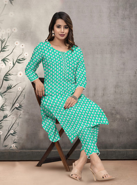 Elegant Green Floral Printed Kurti Set with Pant | Stylish Women's Ethnic Wear