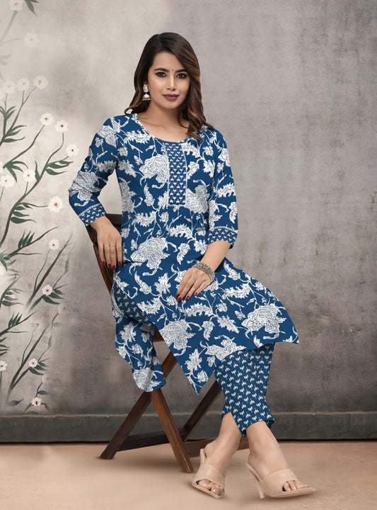 Elegant Blue & White Floral Printed Cotton Kurti with Pant Set