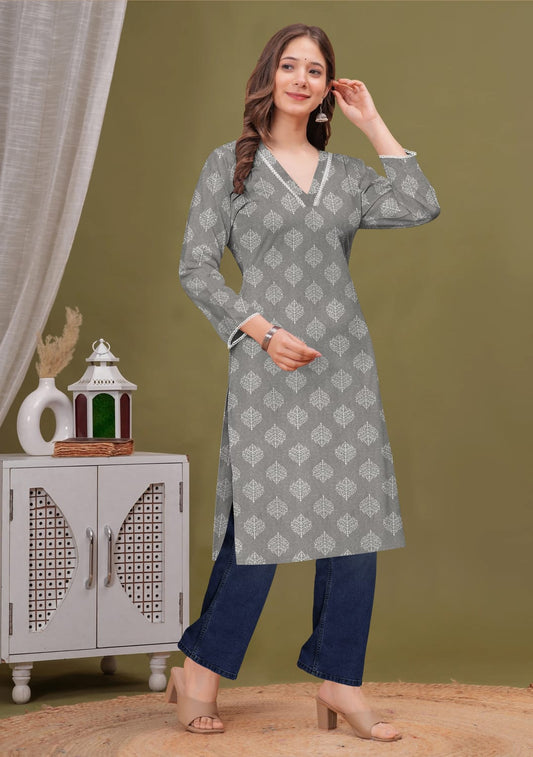 Elegant Grey Printed Cotton Kurti with V-Neck
